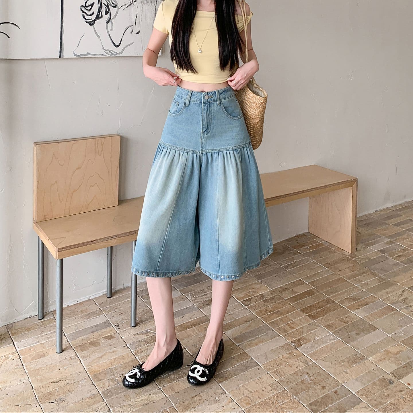 실사 정가 레트로 주름 핫픽스 청바지 여성 여름 루즈핏 프로필 모양 바지 다용도 넓은 다리 7부 바지 상세 이미지 6