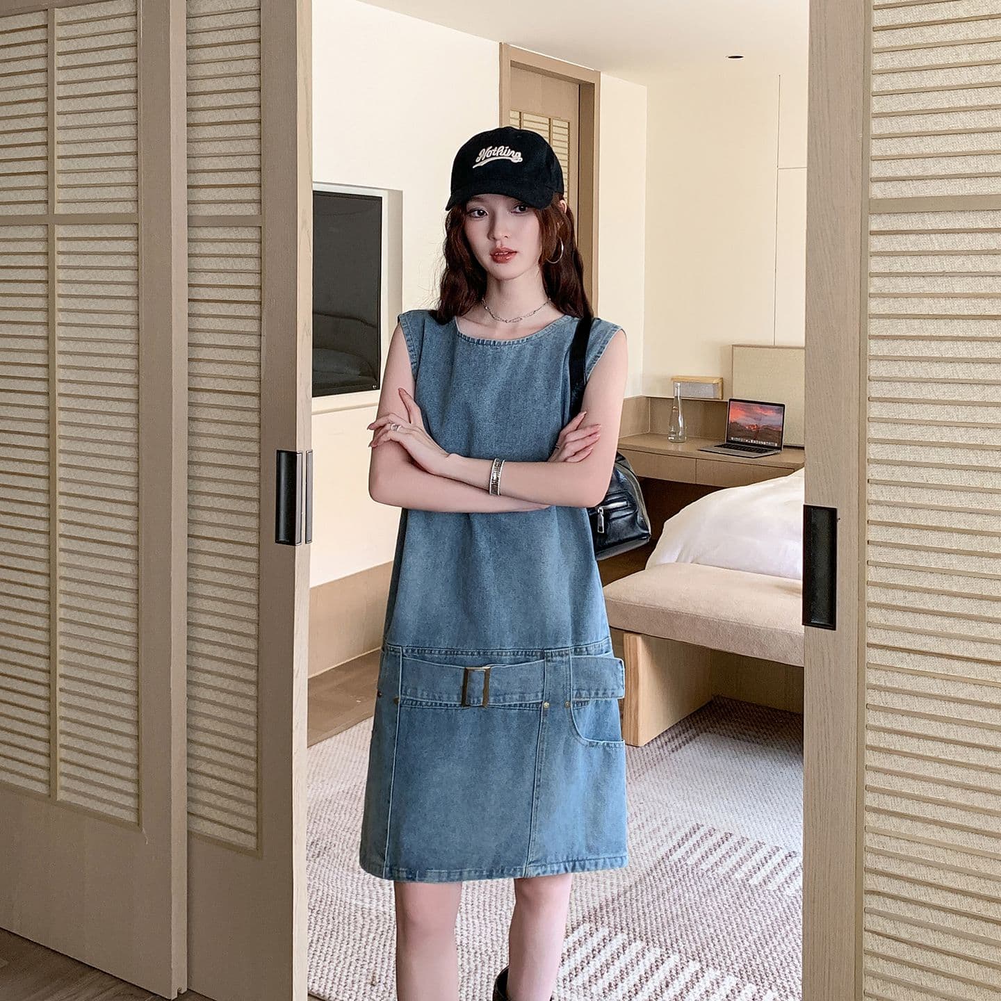 실사 정가 아메리칸 레트로 마 오래된 데님 조끼 원피스 여성 의류 여름 Chic 연령 감소 루즈핏 A라인 스커트 이미지 5