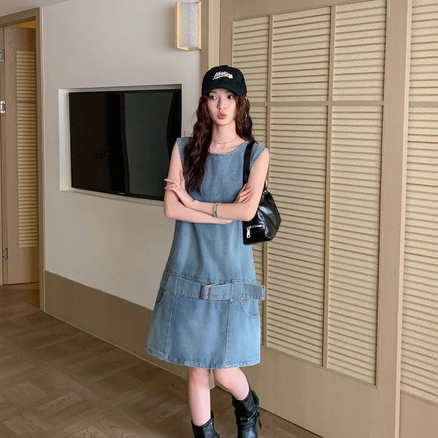 실사 정가 아메리칸 레트로 마 오래된 데님 조끼 원피스 여성 의류 여름 Chic 연령 감소 루즈핏 A라인 스커트 상세 이미지 7