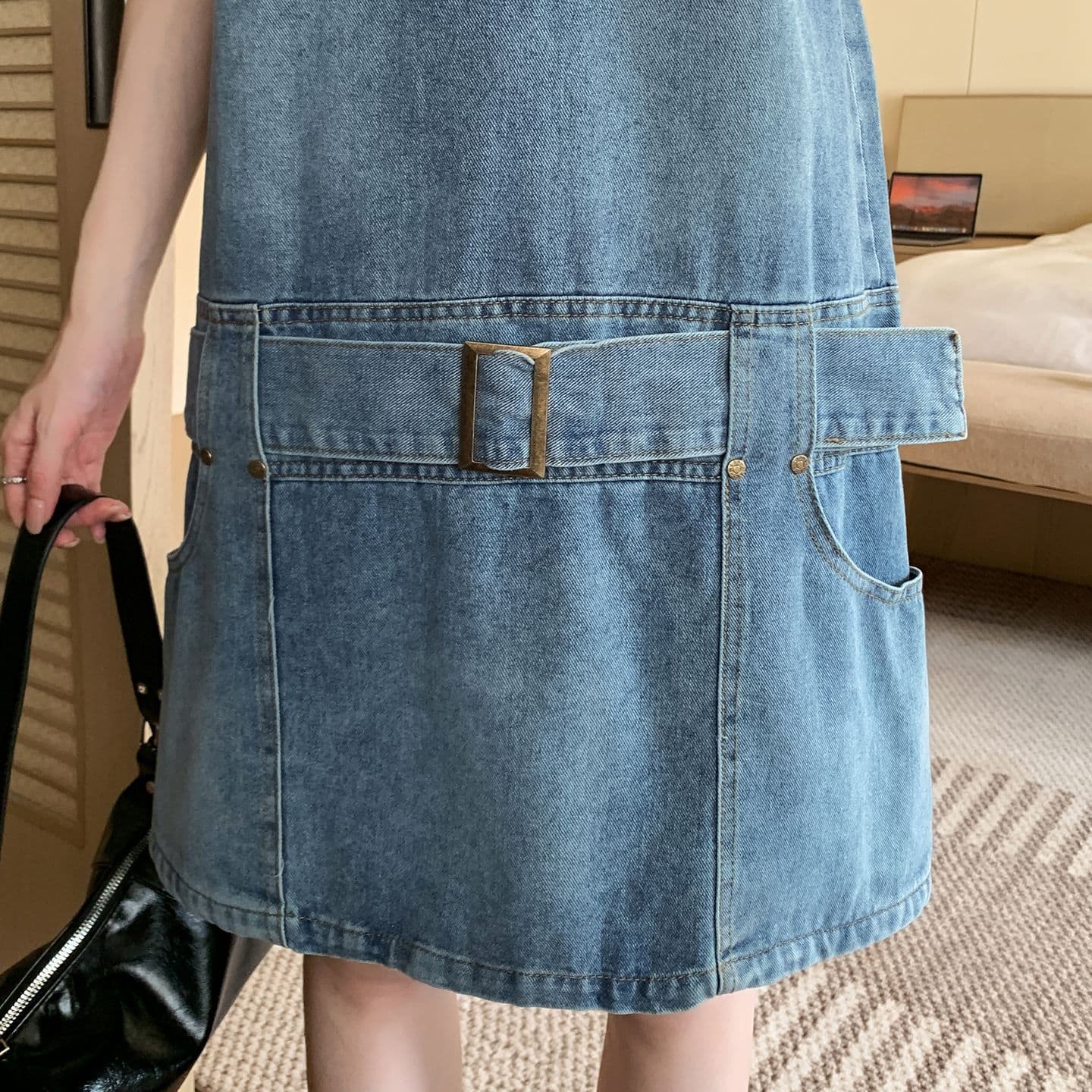 실사 정가 아메리칸 레트로 마 오래된 데님 조끼 원피스 여성 의류 여름 Chic 연령 감소 루즈핏 A라인 스커트 상세 이미지 13