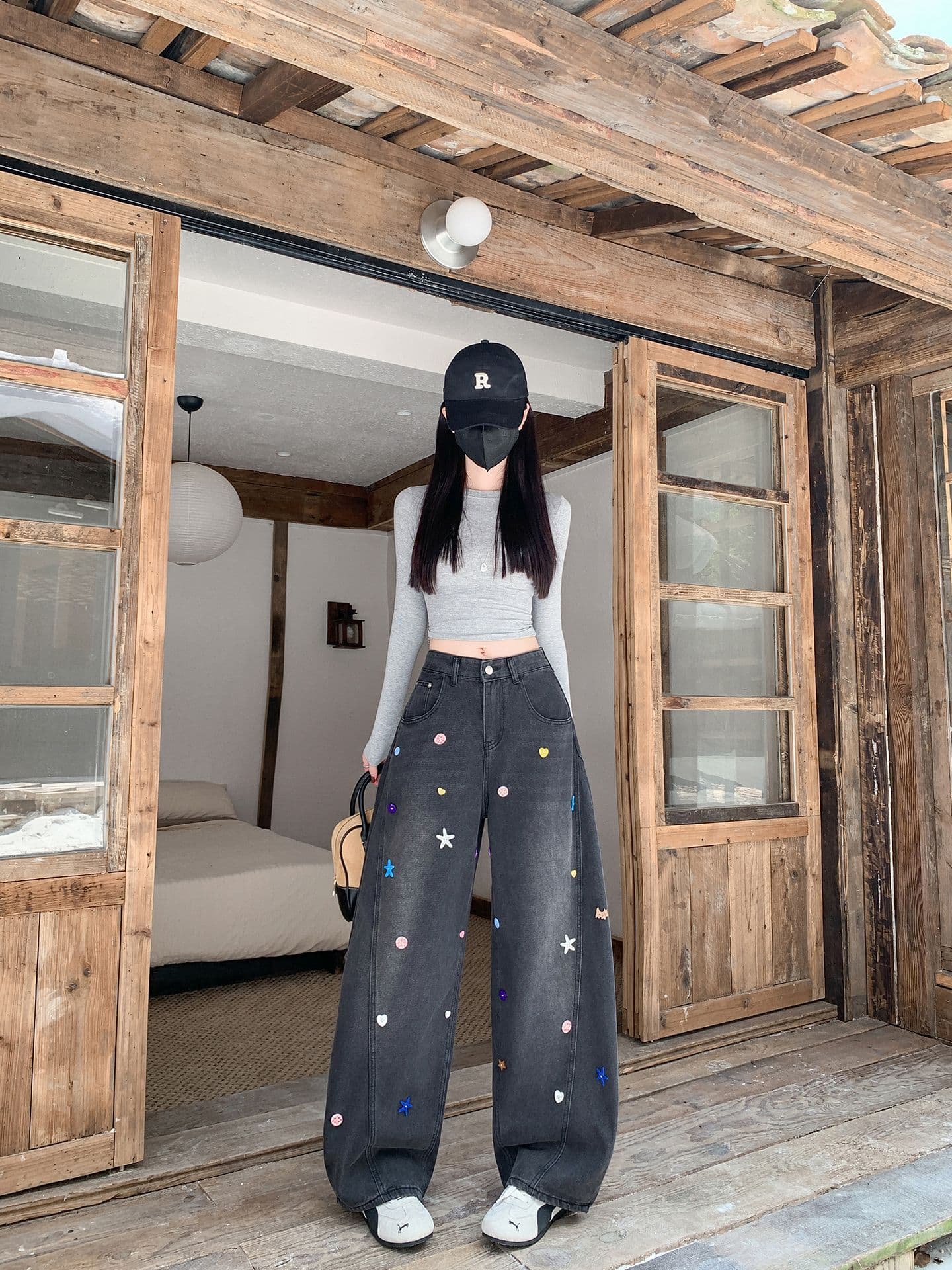 실사 가을 새로운 색상 단추 청바지 여성 디자인 센스 모통이 칼 바지 높음 거리 루즈핏 넓은 다리 길이 바지 상세 이미지 6