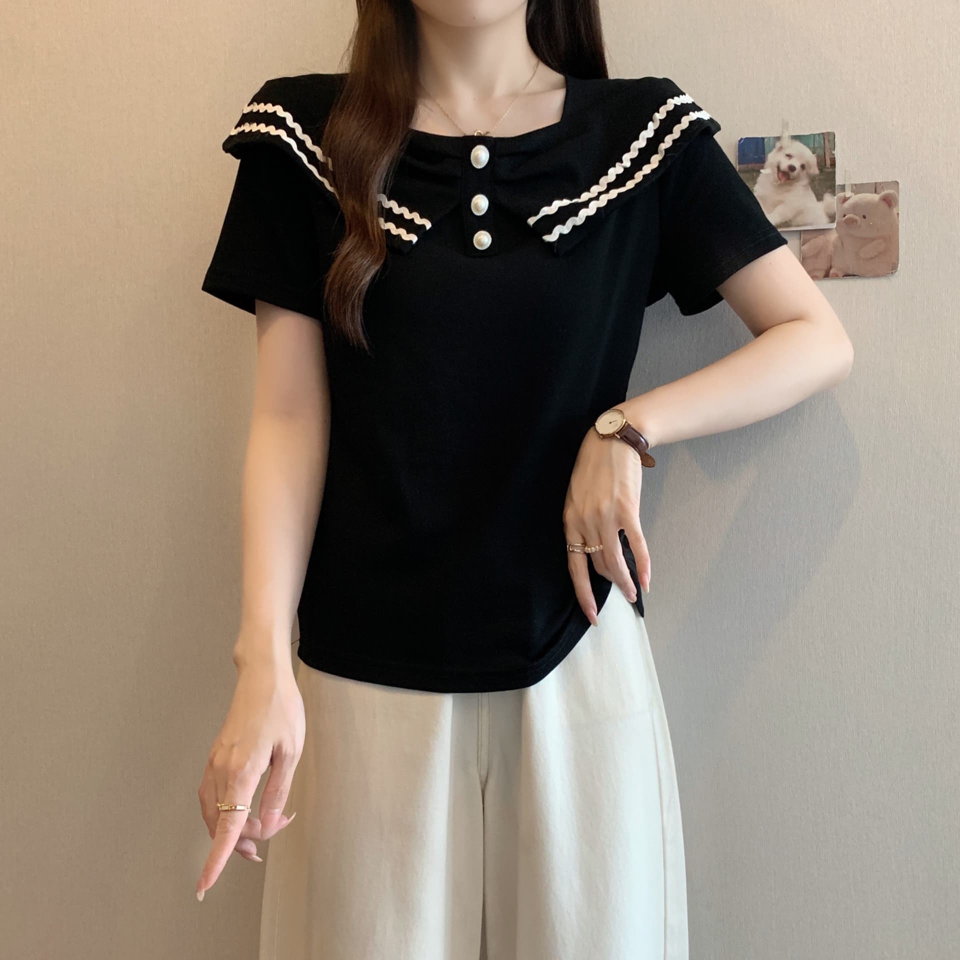 실사 통통한 여동생 빅 사이즈 여성 의류 여름 새로운 디자인 센스 광장 칼라 패치워크 반팔 티셔츠 표지 고기 배색 맨위 이미지 6