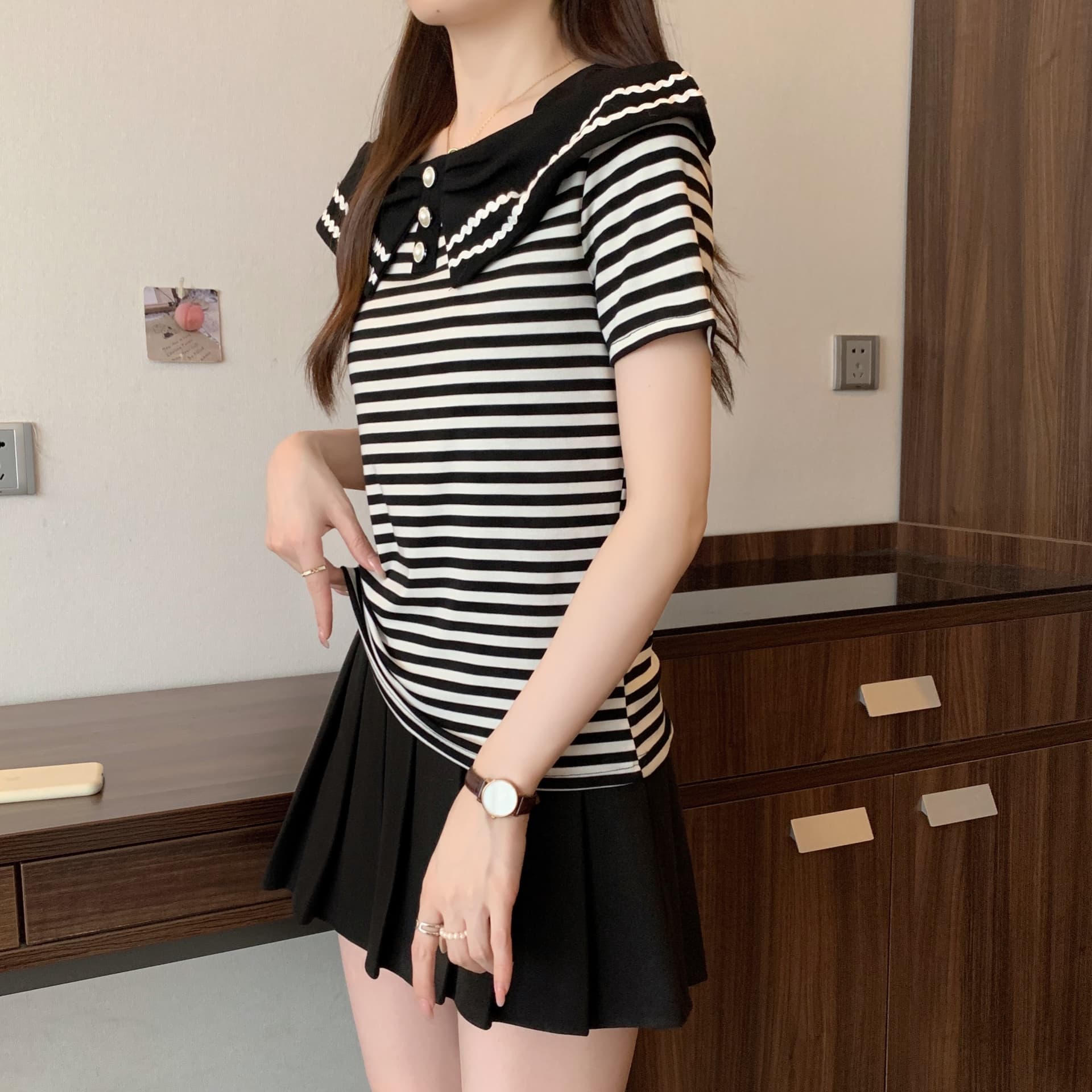 실사 통통한 여동생 빅 사이즈 여성 의류 여름 새로운 디자인 센스 광장 칼라 패치워크 반팔 티셔츠 표지 고기 배색 맨위 상세 이미지 9