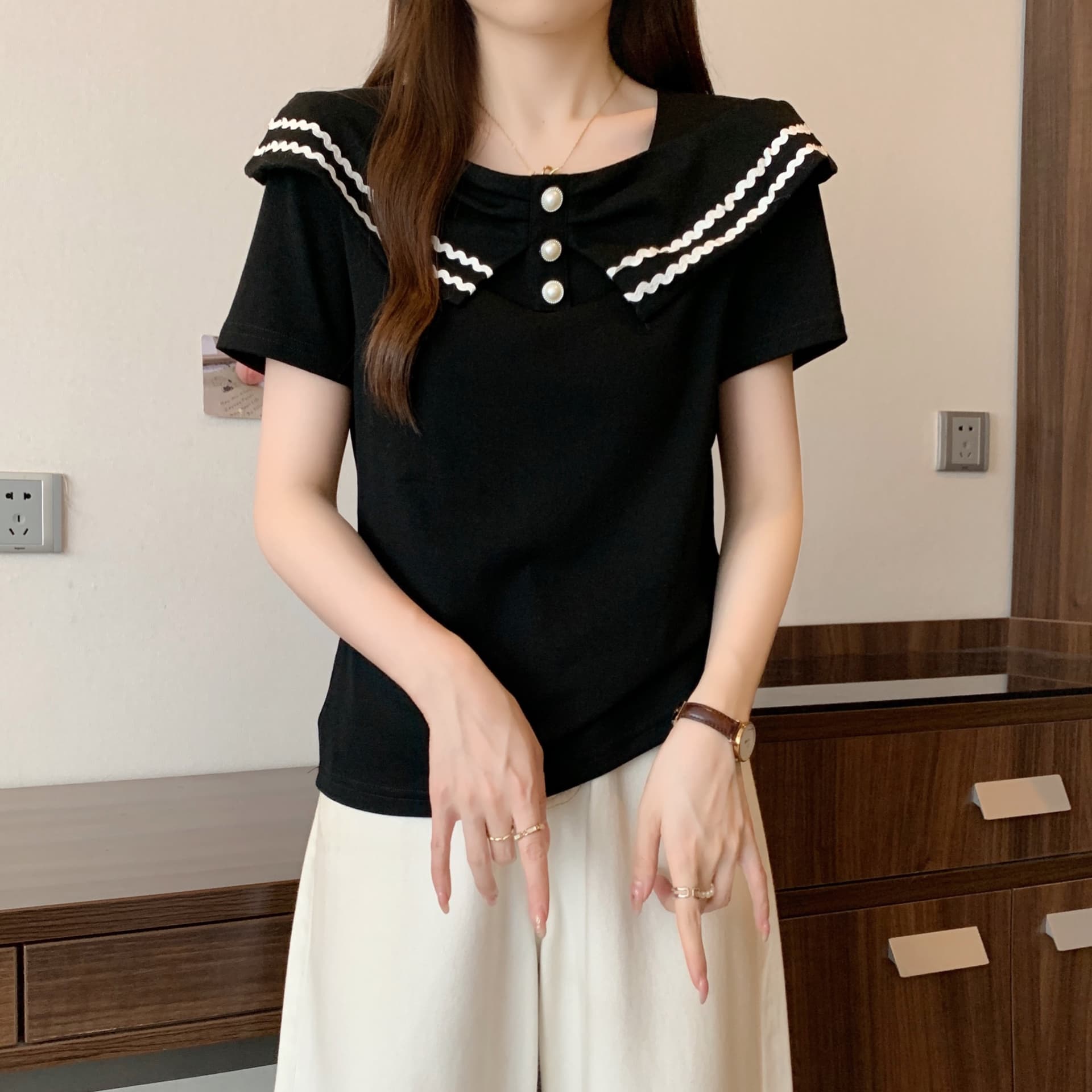 실사 통통한 여동생 빅 사이즈 여성 의류 여름 새로운 디자인 센스 광장 칼라 패치워크 반팔 티셔츠 표지 고기 배색 맨위 상세 이미지 15