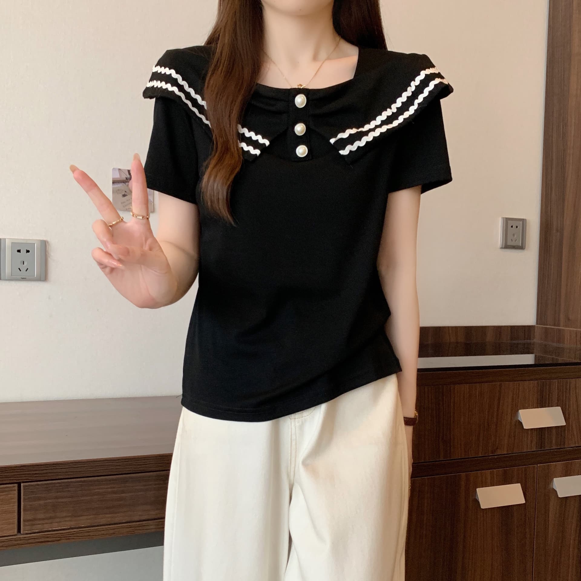 실사 통통한 여동생 빅 사이즈 여성 의류 여름 새로운 디자인 센스 광장 칼라 패치워크 반팔 티셔츠 표지 고기 배색 맨위 상세 이미지 16