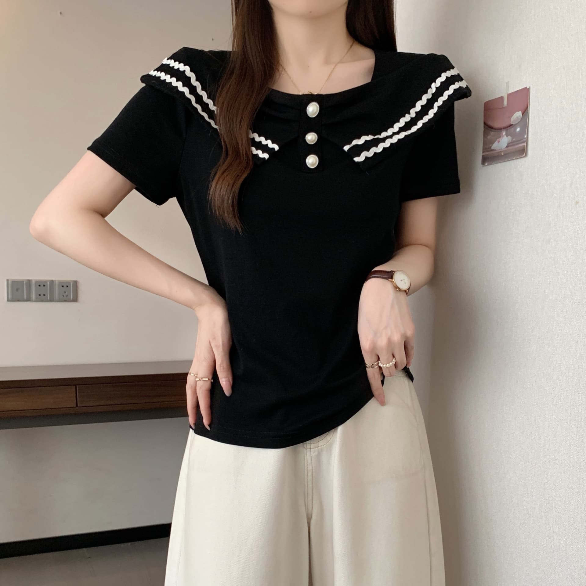 실사 통통한 여동생 빅 사이즈 여성 의류 여름 새로운 디자인 센스 광장 칼라 패치워크 반팔 티셔츠 표지 고기 배색 맨위 상세 이미지 19