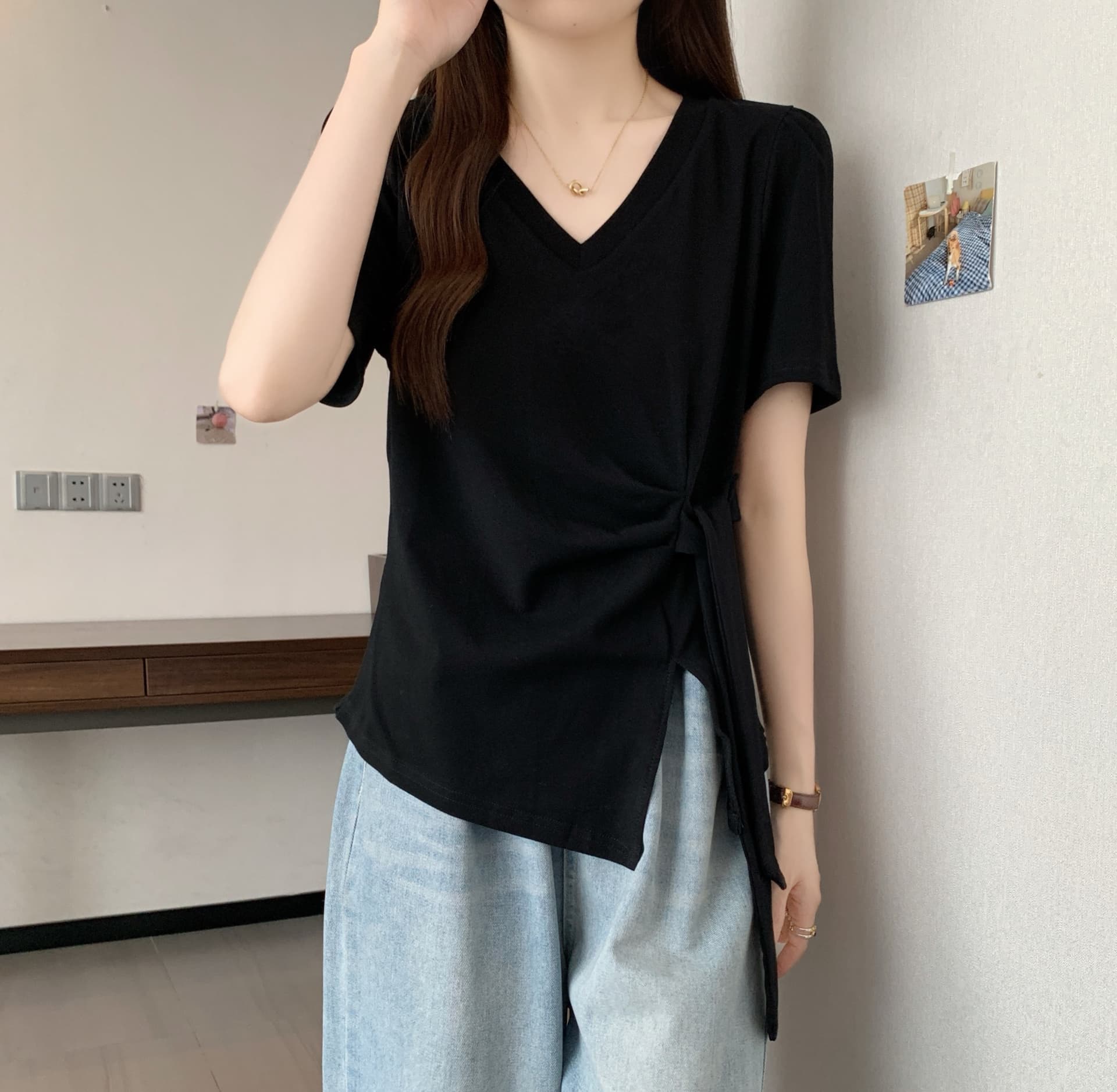 실사 통통한 여동생 빅 사이즈 여성 의류 여름 드레스 새로운 V넥 패션 디자인 센스 리본 비대칭 반팔 티셔츠 맨위 상세 이미지 10