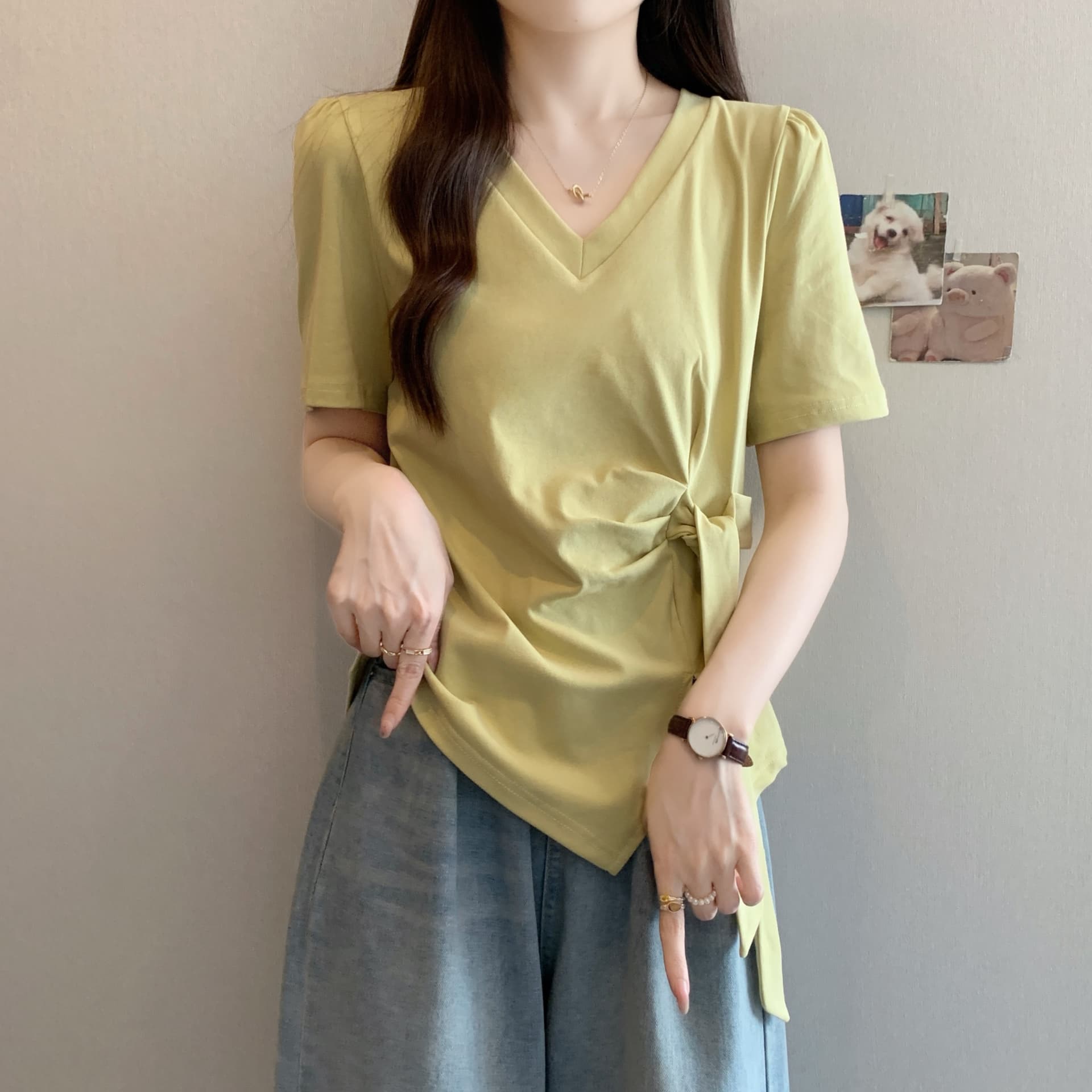 실사 통통한 여동생 빅 사이즈 여성 의류 여름 드레스 새로운 V넥 패션 디자인 센스 리본 비대칭 반팔 티셔츠 맨위 상세 이미지 17