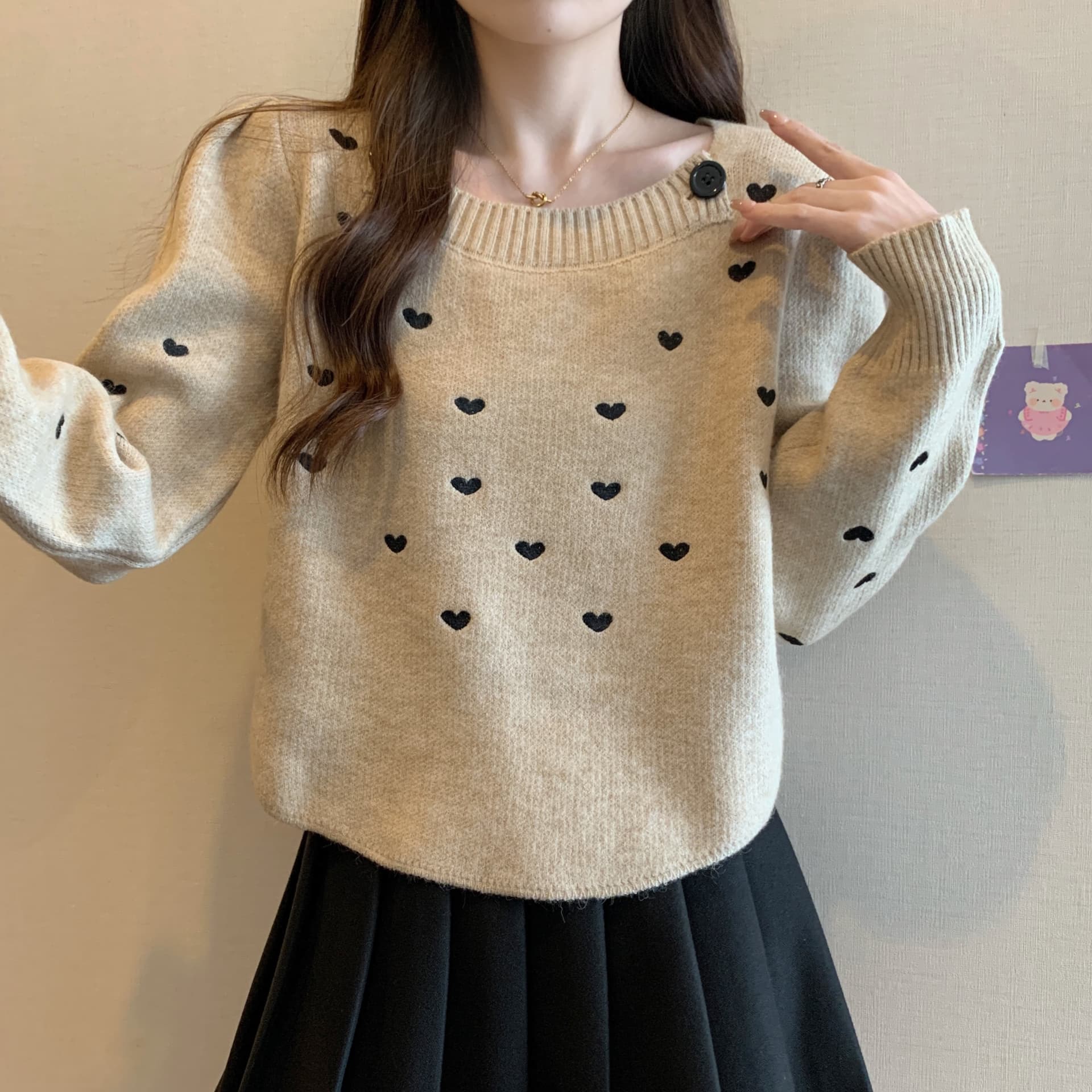 실사 빅 사이즈 여성 의류 가을과 겨울 학원 스타일 레트로 스웨터 여성 셔츠 달콤함 루즈핏 풀오버 긴팔 니트 스웨터 상세 이미지 15