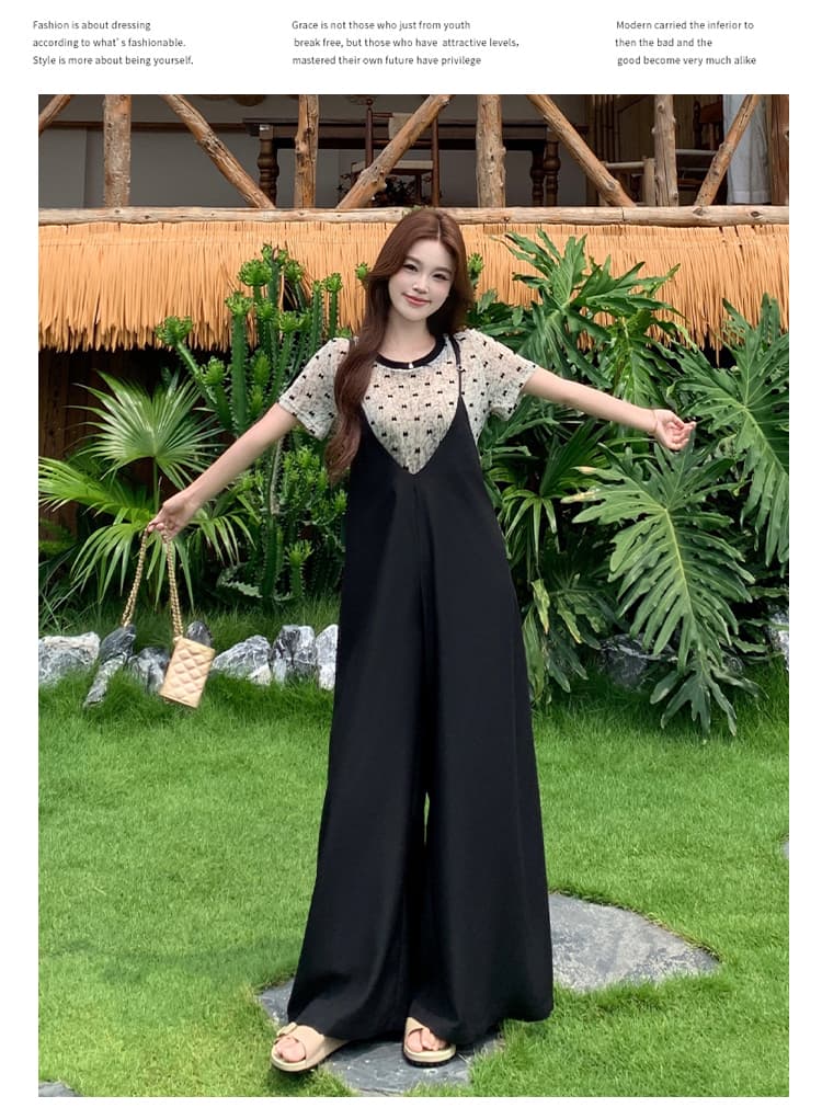 실사 통통한 여동생 빅 사이즈 여성 의류 패션 새로운 품격 표지 고기 슬림해 보이는 프린트 티셔츠 플러스 멜빵 바지 투피스 세트 상세 이미지 12