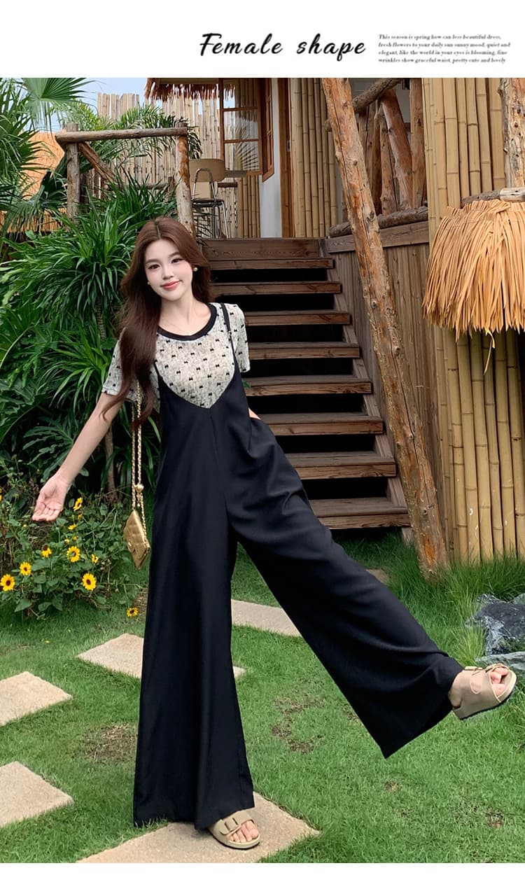 실사 통통한 여동생 빅 사이즈 여성 의류 패션 새로운 품격 표지 고기 슬림해 보이는 프린트 티셔츠 플러스 멜빵 바지 투피스 세트 상세 이미지 15