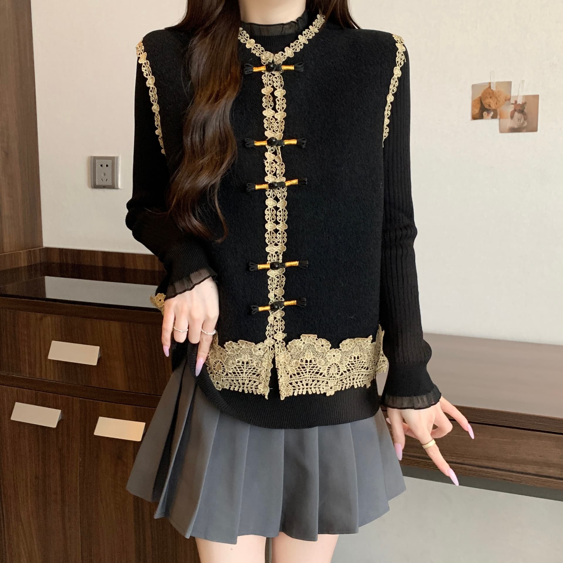 실사 통통한 여동생 빅 사이즈 여성 의류 가을 겨울 새로운 우아함 품격 기본 셔츠 레이스 조각 패션 베스트 세트 이미지 5