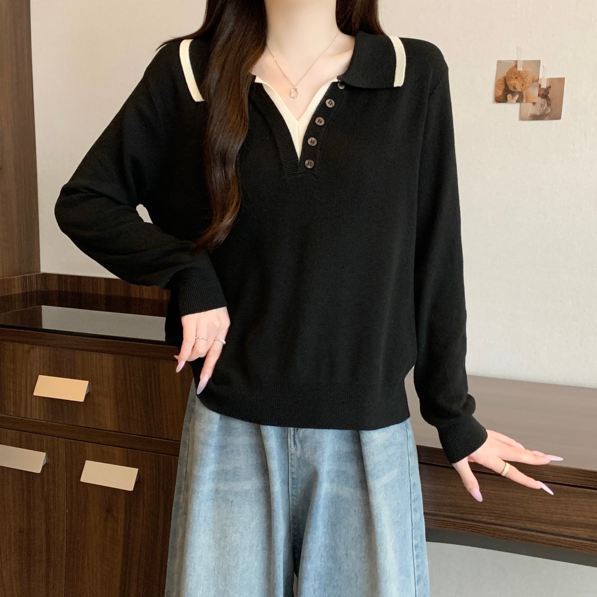 실사 통통한 여동생 빅 사이즈 여성 의류 가을 겨울 새로운 디자인 센스 패치워크 색상 폴로 칼라 만나는 벨트 버클 패션 맨위 이미지 6