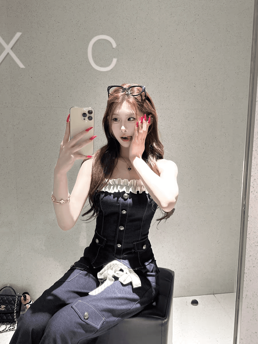 마 지 mochi 블루스 시분할 프릴 오프숄더 슬립 맨위 와이드 레그 팬츠 데님 세트 여성 봄 상세 이미지 2