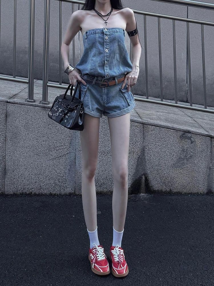 아메리칸 레트로 핫걸 민소매 튜브탑 데님 올인원 바지 여성 의류 여름 Chic 원피스 바지 슬림해 보이는 파란색 반바지 상세 이미지 2
