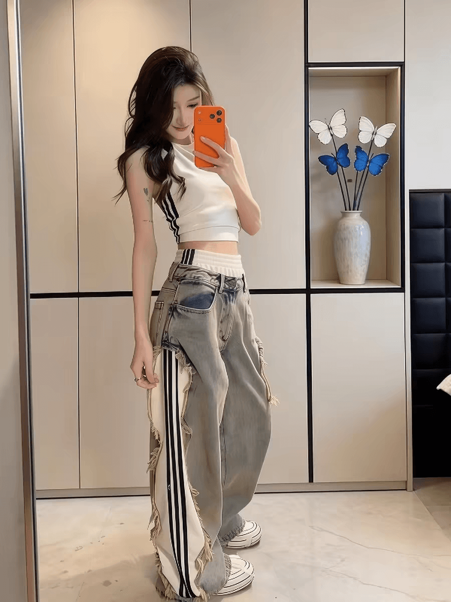 자이언트 잘 생긴 ~ 중 여름 새로운 착용 가져 가라. 전체 집합 한 부서 레트로 스타일 캐미솔 청바지 던져 자매 세트 여성 이미지 3