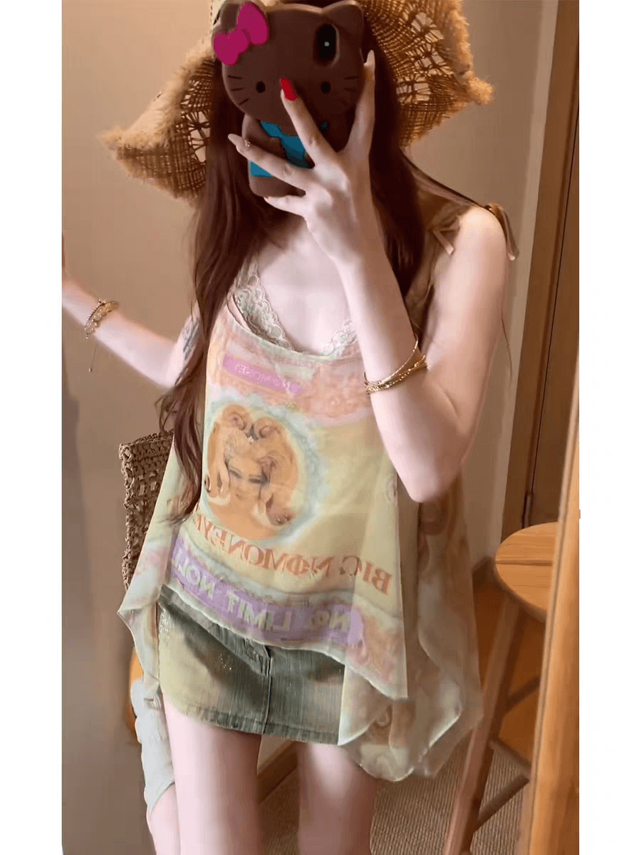 섹시함 달콤한 매운맛 바람 둘 착용 프린트 비스듬한 어깨 의류 코디 레이스 캐미솔 슬림해 보이는 데님 3종 세트 여름 이미지 5