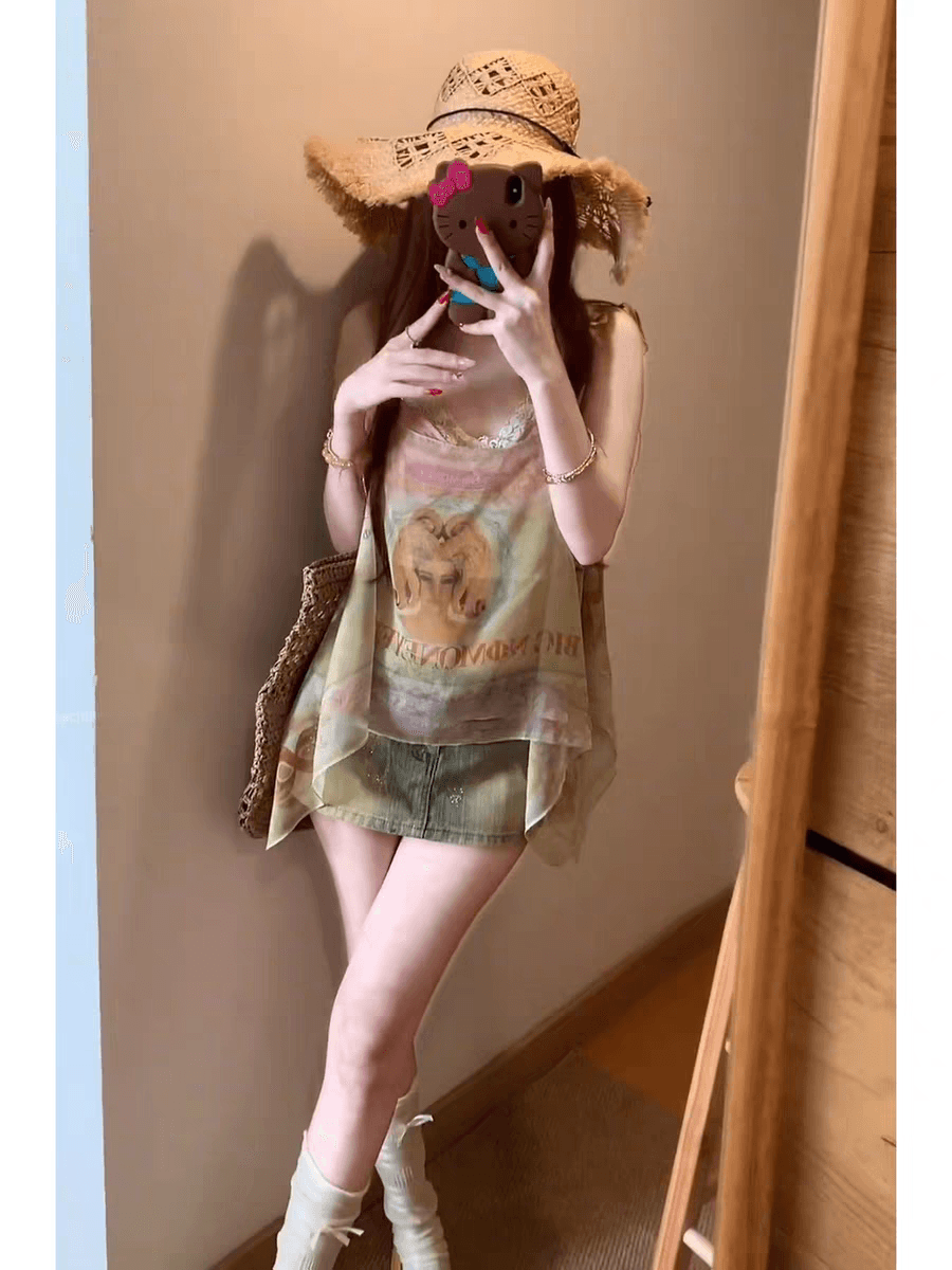 섹시함 달콤한 매운맛 바람 둘 착용 프린트 비스듬한 어깨 의류 코디 레이스 캐미솔 슬림해 보이는 데님 3종 세트 여름 상세 이미지 4