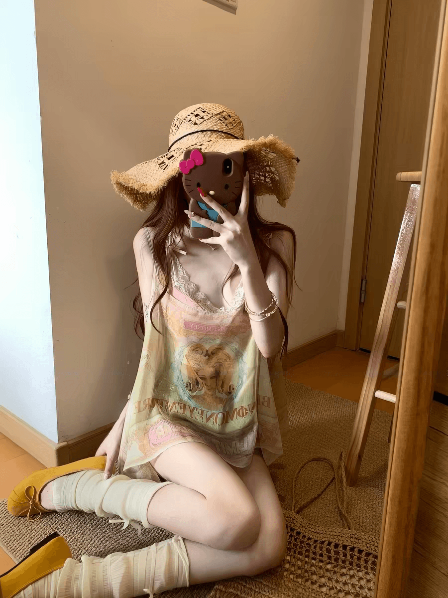 섹시함 달콤한 매운맛 바람 둘 착용 프린트 비스듬한 어깨 의류 코디 레이스 캐미솔 슬림해 보이는 데님 3종 세트 여름 상세 이미지 6