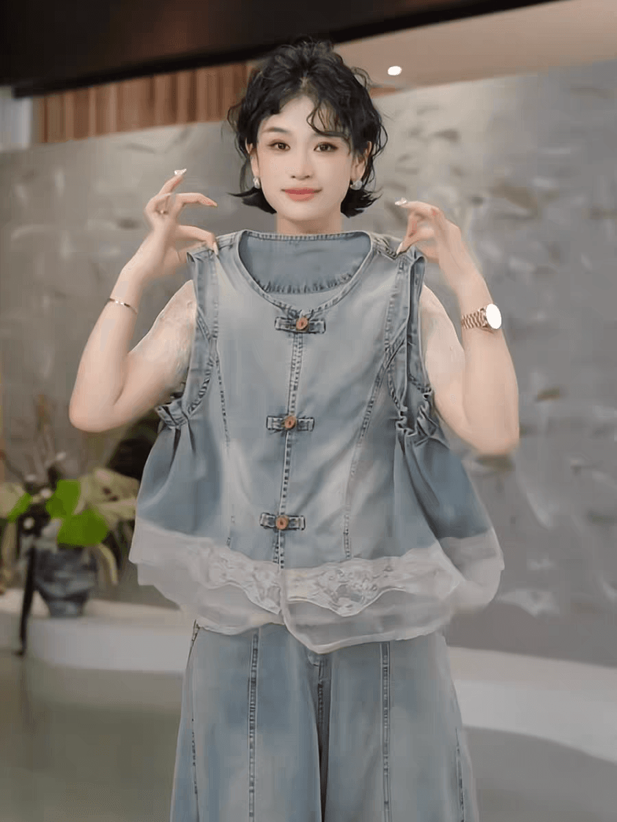 품격 3종 세트 오픈 가디건 데님 베스트 일반 허리 와이드 레그 팬츠 레이스 반팔 세트 상세 이미지 1