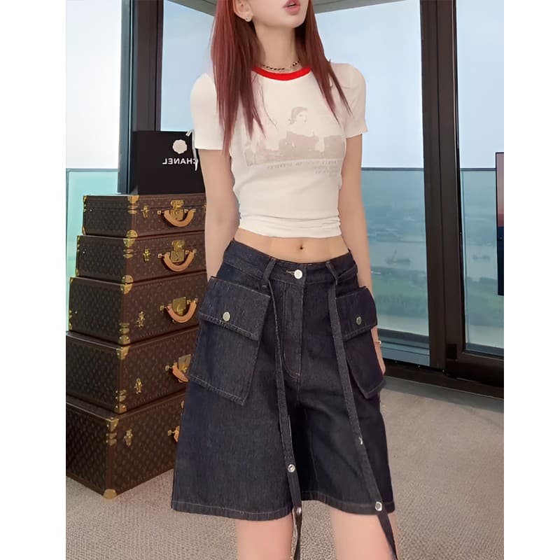 레트로 아메리칸 탈착식 주머니 단 닝 청바지 반바지 프린트 반팔 티셔츠 세트 이미지 2