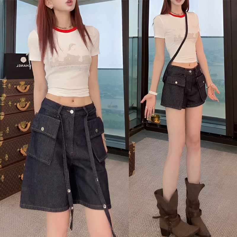 레트로 아메리칸 탈착식 주머니 단 닝 청바지 반바지 프린트 반팔 티셔츠 세트 이미지 3