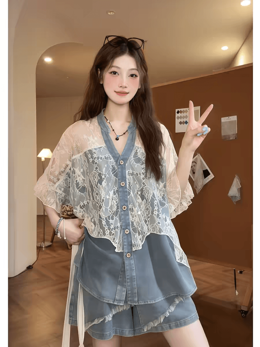 작은 키 고급 센스 세트 여성 여름 레트로 레이스 조각 반팔 셔츠 맨위 넓은 다리가 짧다. 바지 투피스 세트