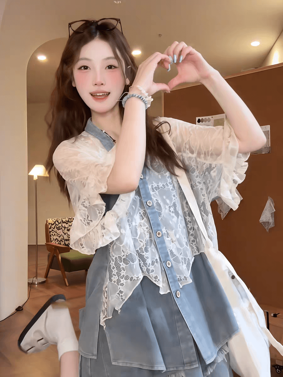 작은 키 고급 센스 세트 여성 여름 레트로 레이스 조각 반팔 셔츠 맨위 넓은 다리가 짧다. 바지 투피스 세트 이미지 2