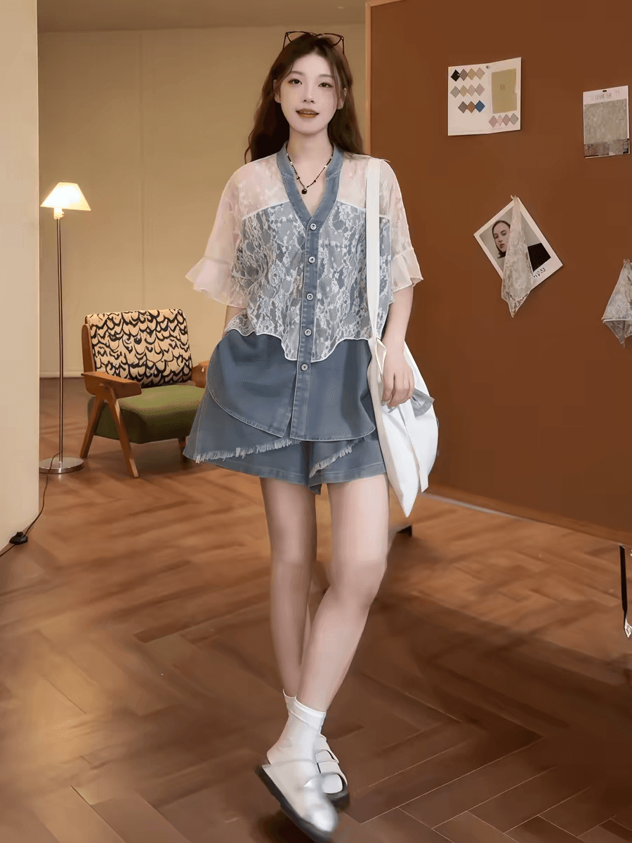 작은 키 고급 센스 세트 여성 여름 레트로 레이스 조각 반팔 셔츠 맨위 넓은 다리가 짧다. 바지 투피스 세트 상세 이미지 5