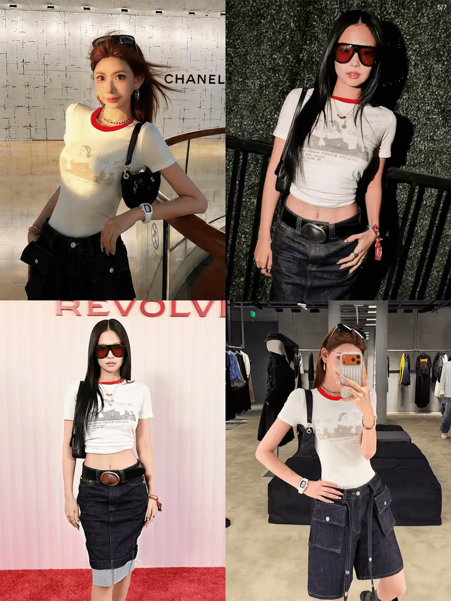 리 부드럽게 6 월 지점 자르다 당겨서 jennie 같은 단락 트렌디 럭셔리 jennie 음악 축제 아메리칸 한국 스타일 프린트 티셔츠 이미지 4