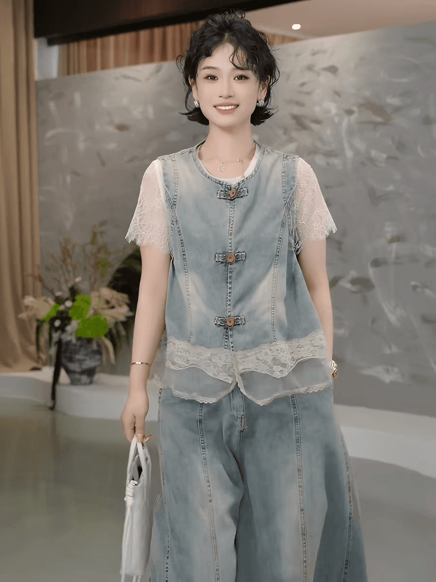 패션 데님 세트 여성 여름 새로운 레이스 조각 민소매 베스트 티셔츠 슬림해 보이는 와이드 레그 팬츠 3종 세트 이미지 2