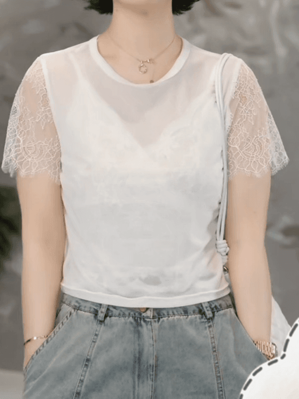 패션 데님 세트 여성 여름 새로운 레이스 조각 민소매 베스트 티셔츠 슬림해 보이는 와이드 레그 팬츠 3종 세트 상세 이미지 7