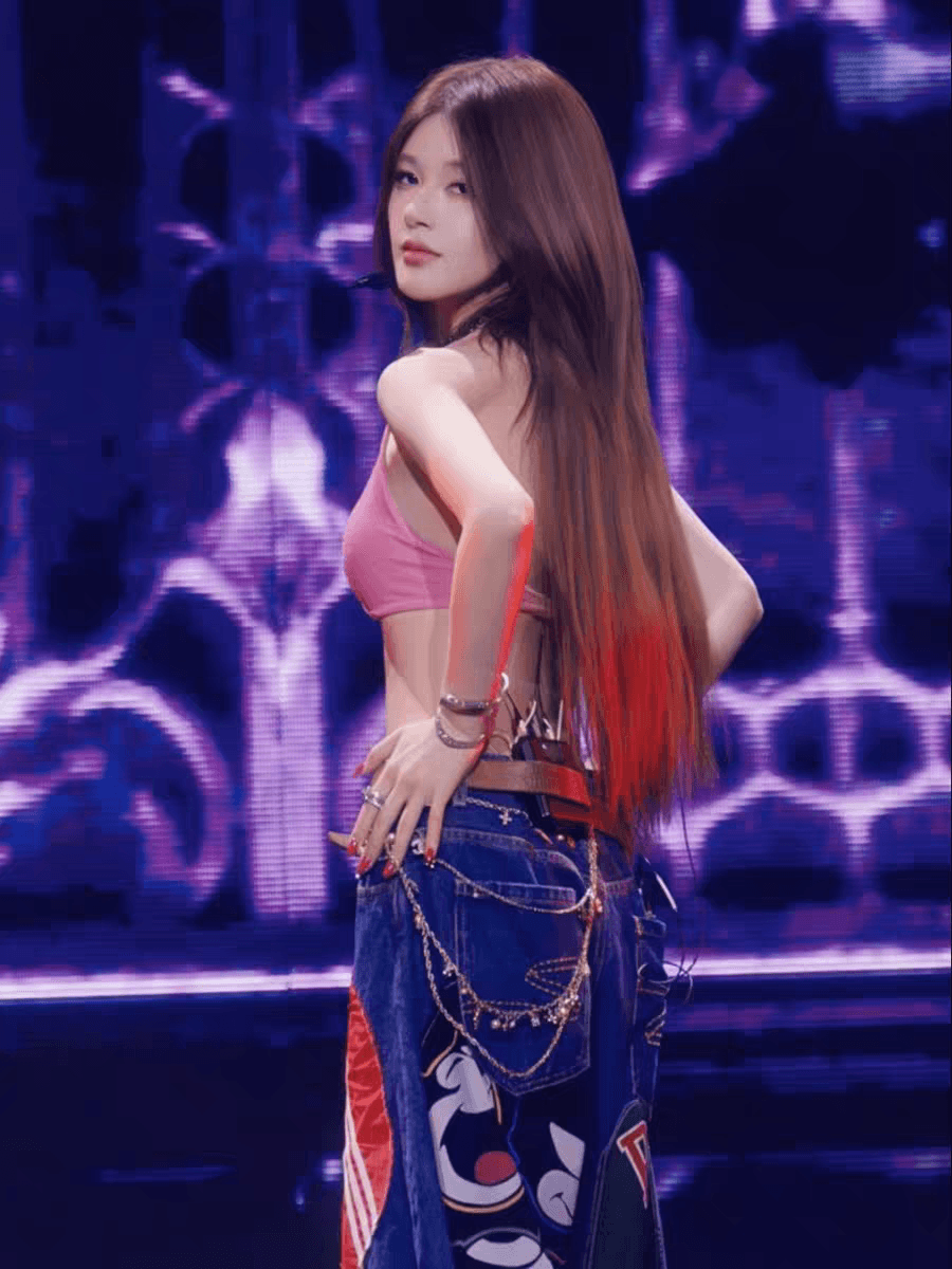 자오 이슬 생각하기 콘서트 같은 단락 아메리칸 레트로 배색 패치 프린트 청바지 여성 하이웨이스트 루즈핏 넓은 다리 길이 바지 이미지 4