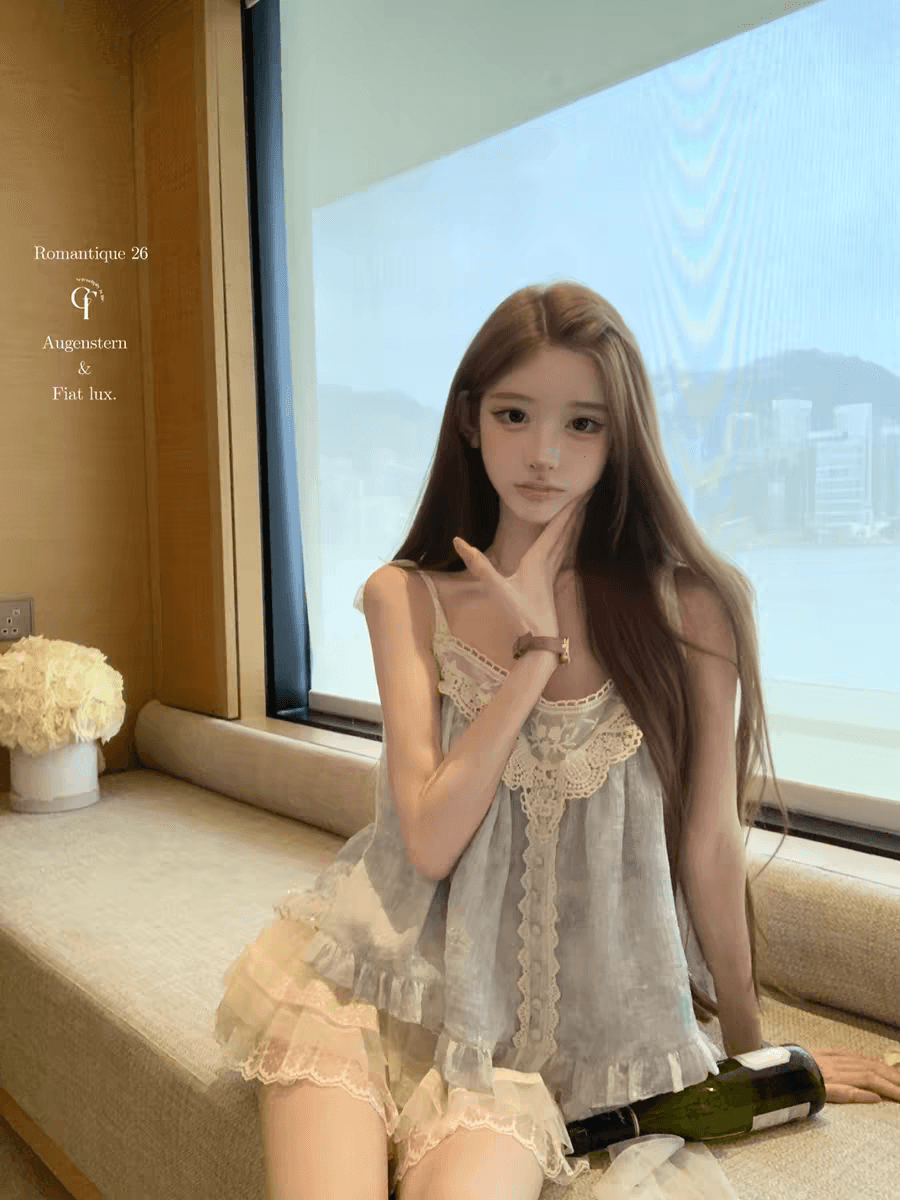 달콤한 배 푸 푸 헤일로 염색 블루 레이스 좋은 플래시 레이스업 스팽글 맨위 감기 센스 슬립 바지 세트 이미지 4