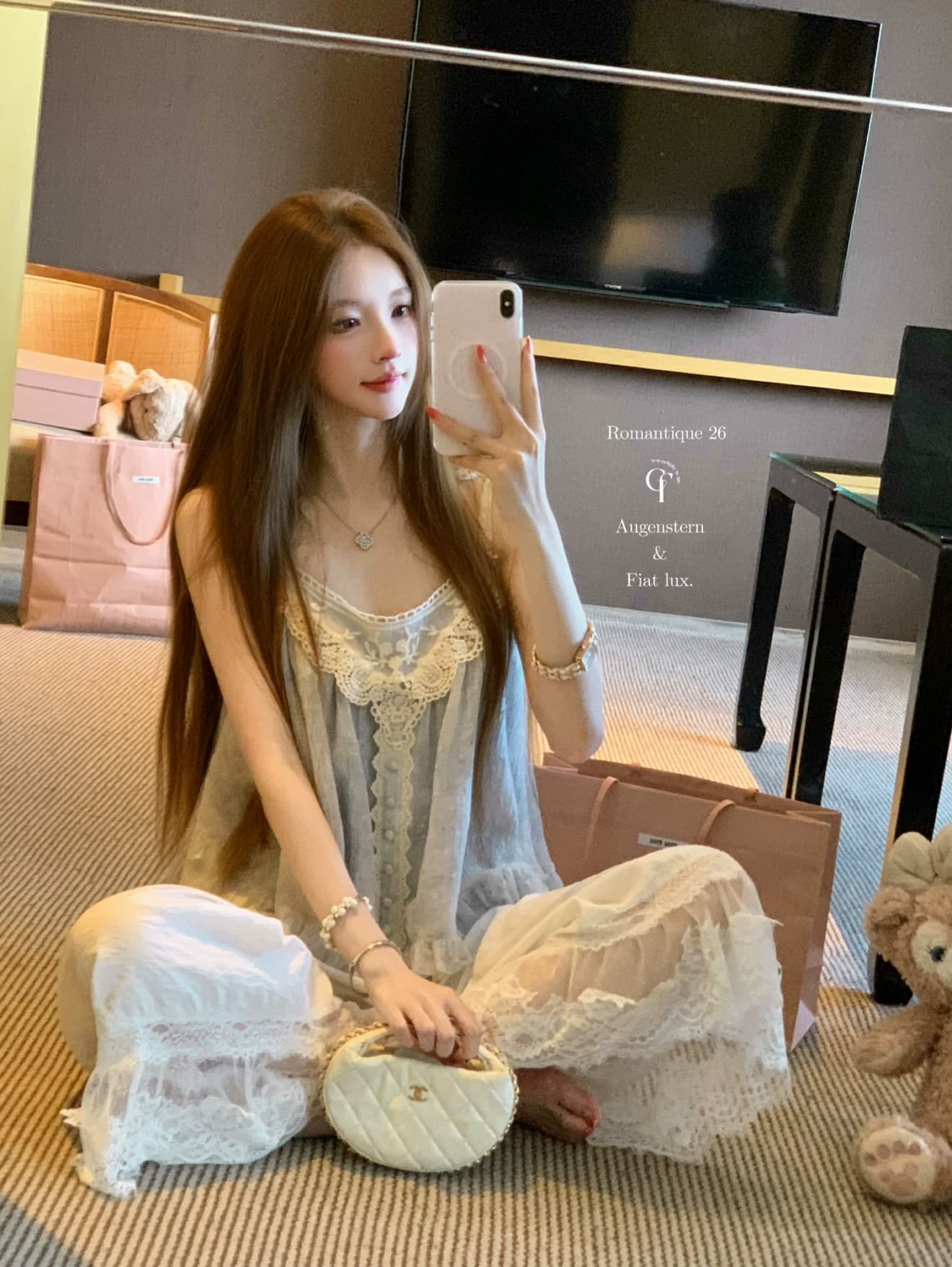 달콤한 배 푸 푸 헤일로 염색 블루 레이스 좋은 플래시 레이스업 스팽글 맨위 감기 센스 슬립 바지 세트 이미지 5