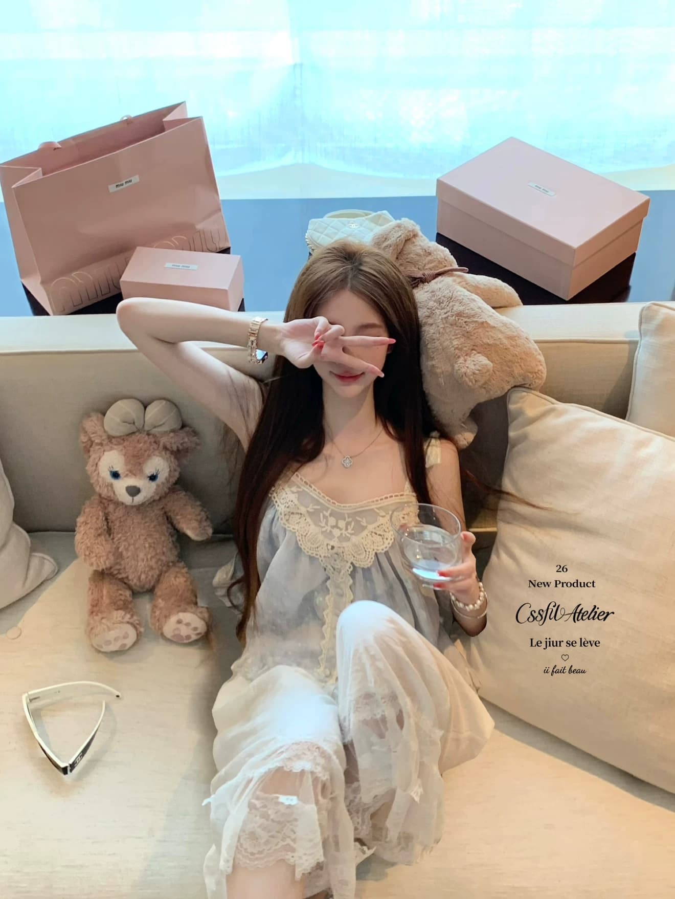 달콤한 배 푸 푸 헤일로 염색 블루 레이스 좋은 플래시 레이스업 스팽글 맨위 감기 센스 슬립 바지 세트 상세 이미지 3