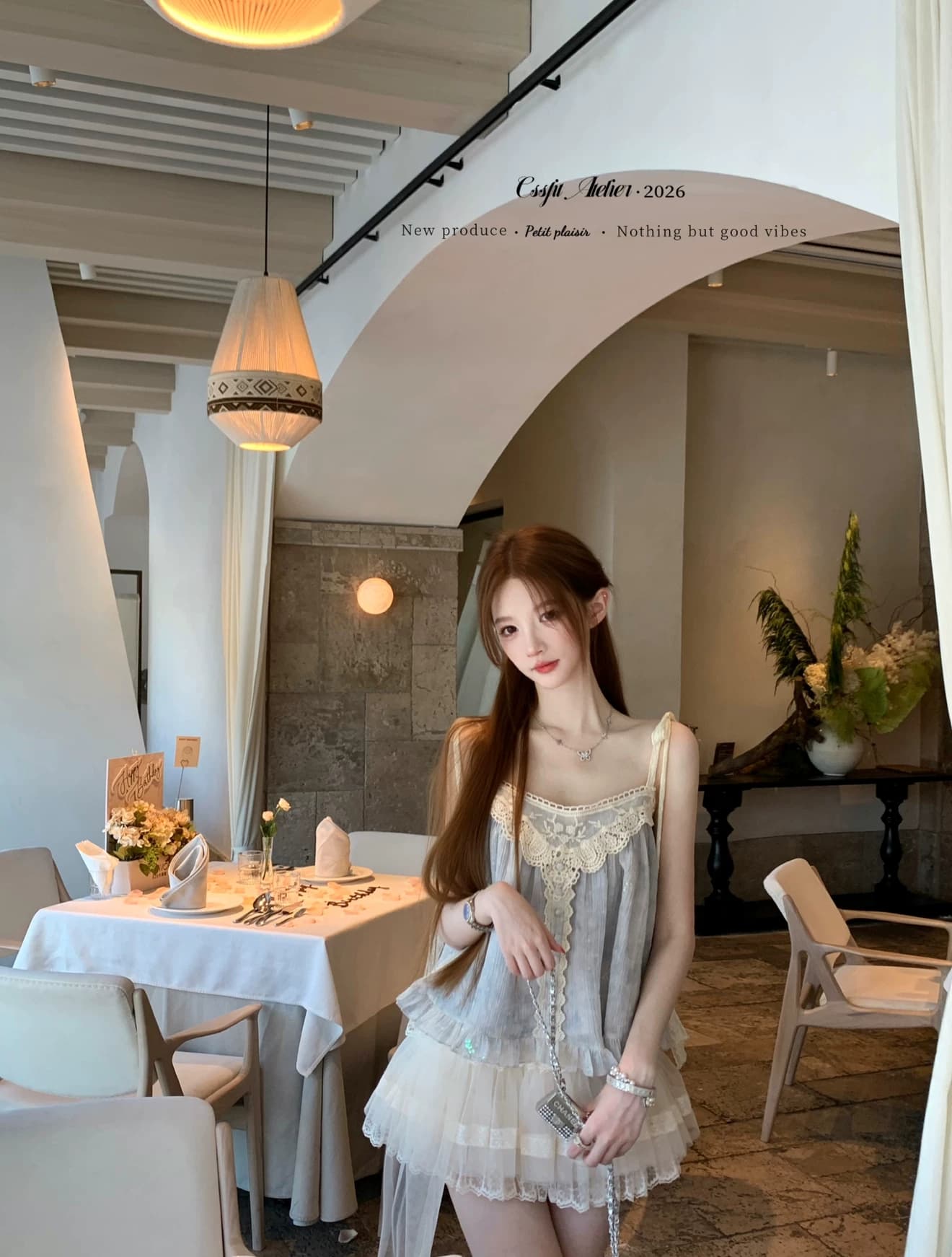 달콤한 배 푸 푸 헤일로 염색 블루 레이스 좋은 플래시 레이스업 스팽글 맨위 감기 센스 슬립 바지 세트 상세 이미지 6