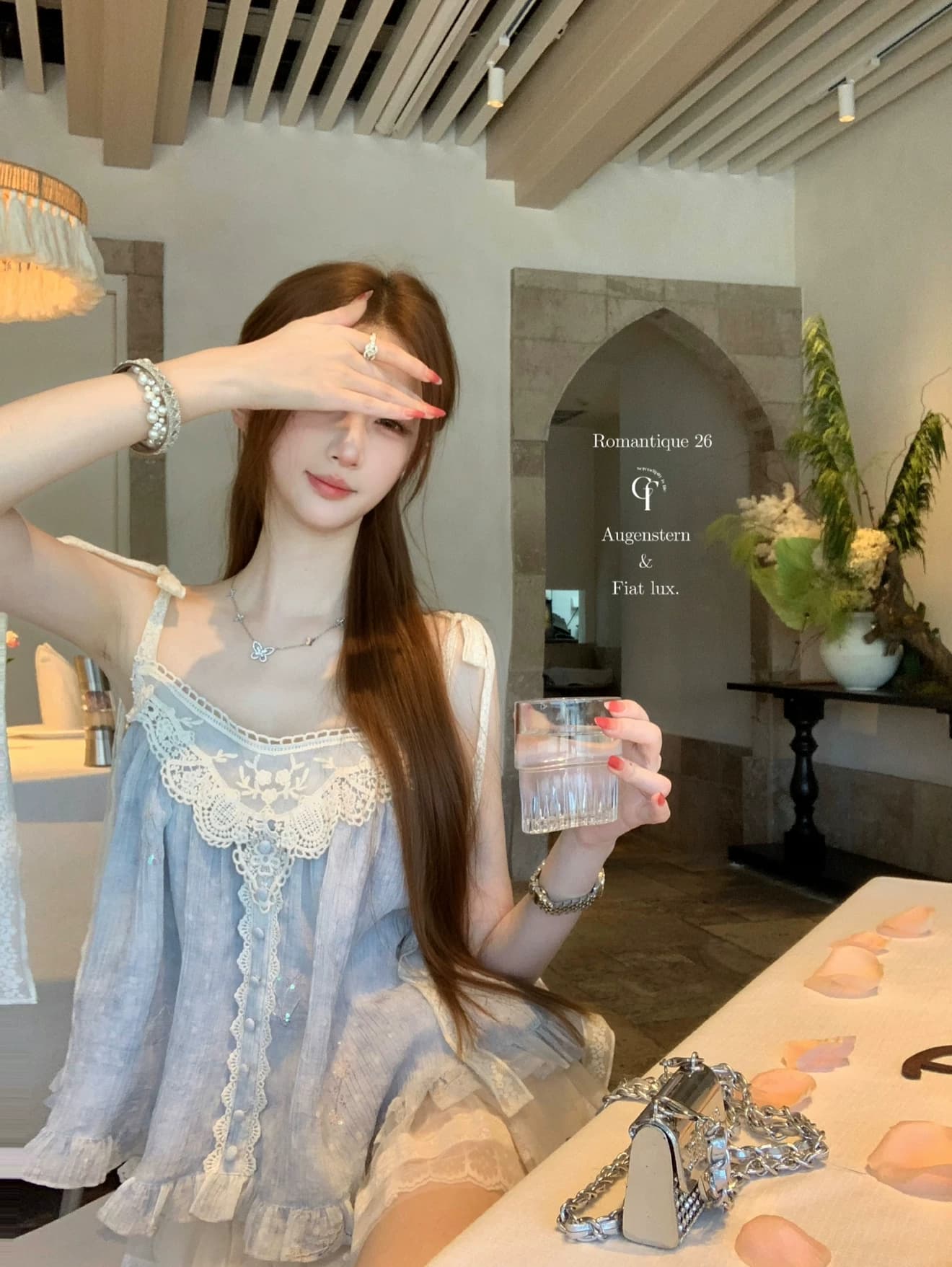 달콤한 배 푸 푸 헤일로 염색 블루 레이스 좋은 플래시 레이스업 스팽글 맨위 감기 센스 슬립 바지 세트 상세 이미지 7