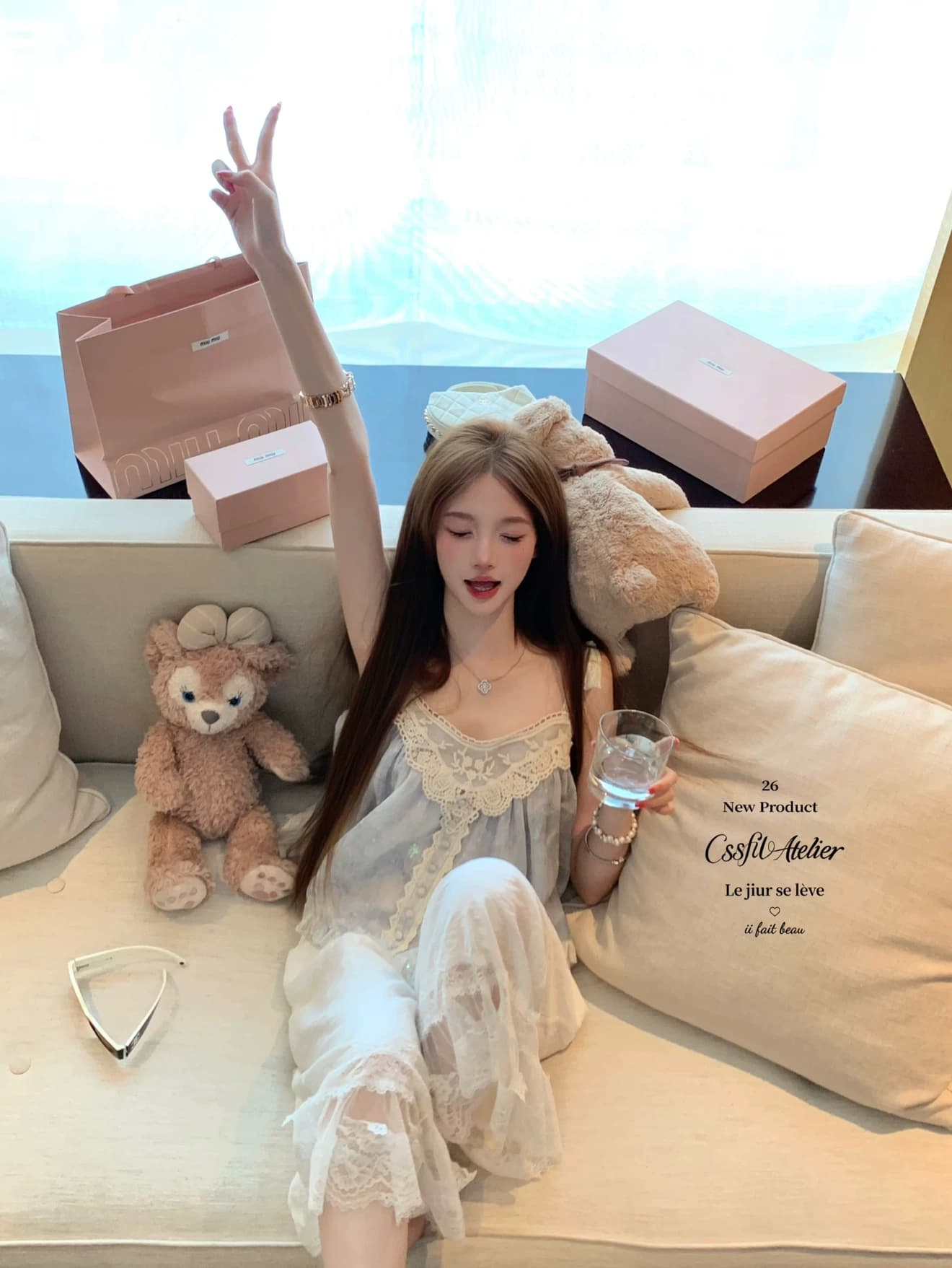 달콤한 배 푸 푸 헤일로 염색 블루 레이스 좋은 플래시 레이스업 스팽글 맨위 감기 센스 슬립 바지 세트 상세 이미지 9