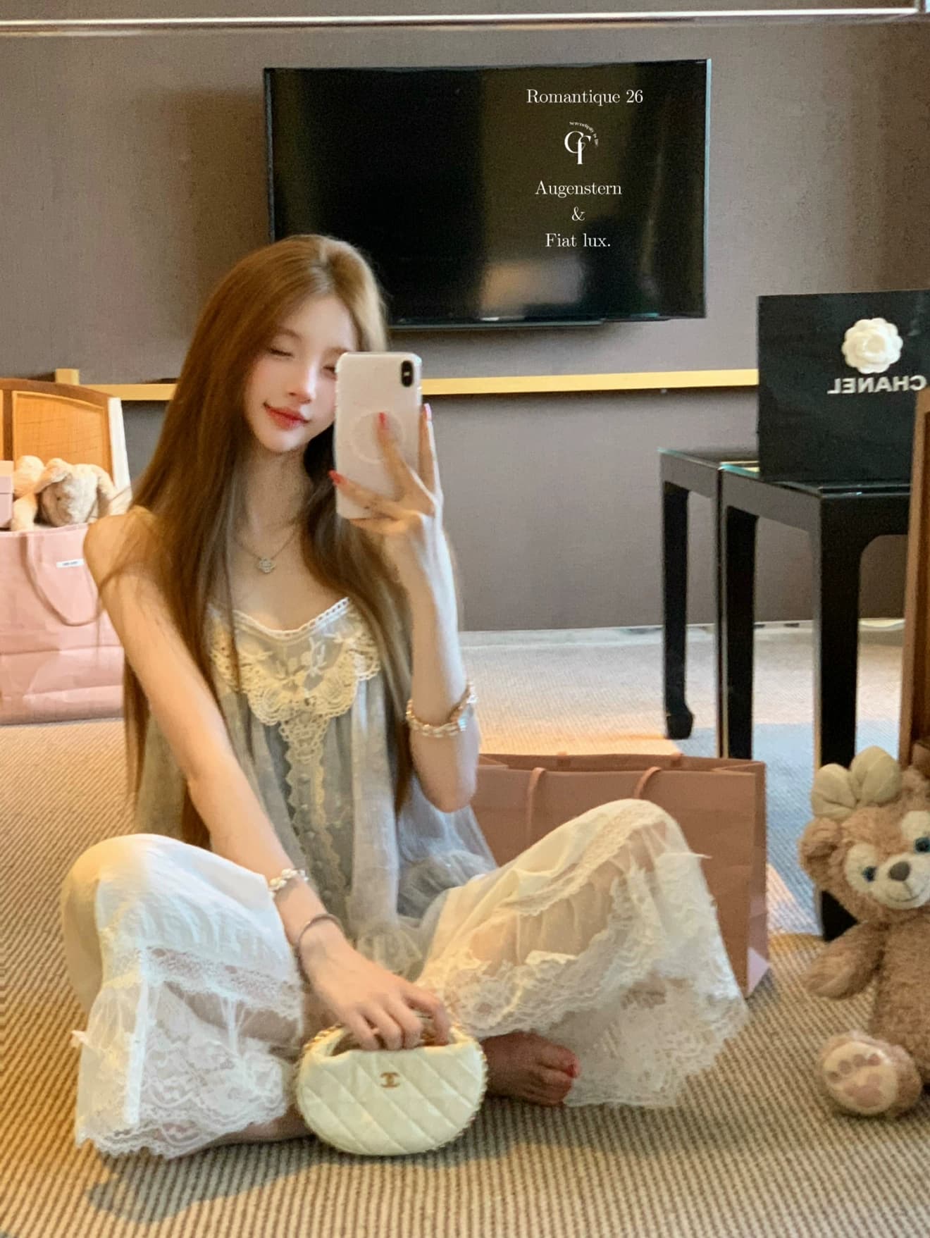 달콤한 배 푸 푸 헤일로 염색 블루 레이스 좋은 플래시 레이스업 스팽글 맨위 감기 센스 슬립 바지 세트 상세 이미지 13