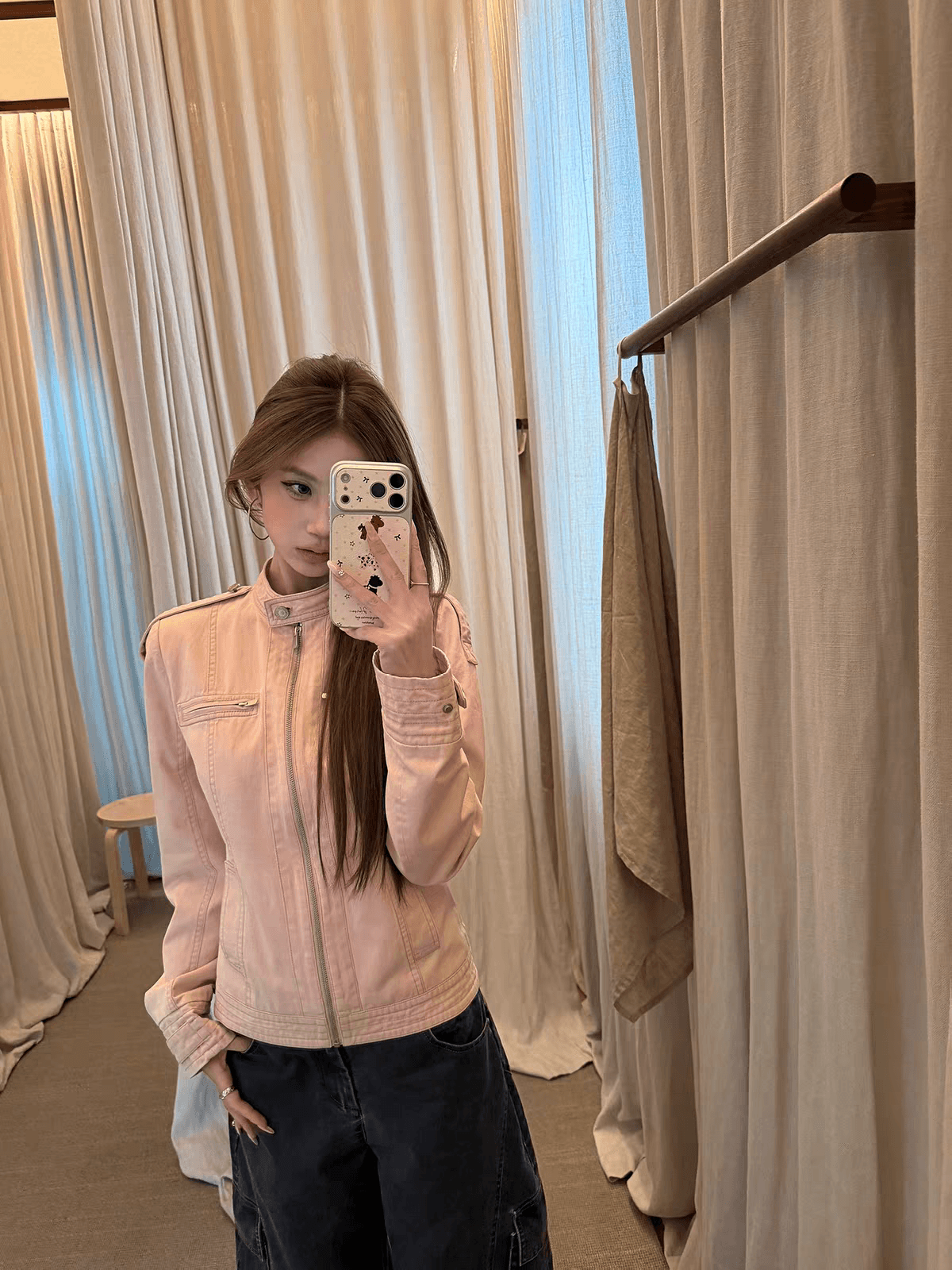 아메리칸 게이머 레트로 워싱 스탠드 칼라 긍정적 인 어깨 짧은 외투 여성 짧은 캐주얼 재킷 맨위 가을 상세 이미지 4