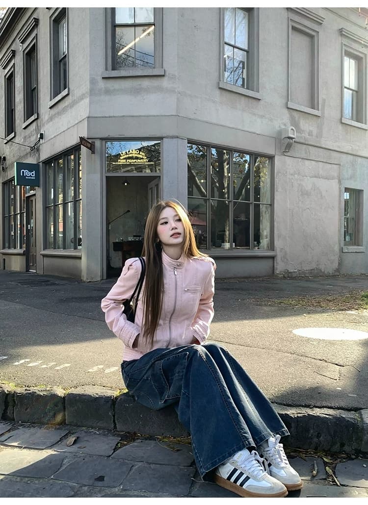 아메리칸 게이머 레트로 워싱 스탠드 칼라 긍정적 인 어깨 짧은 외투 여성 짧은 캐주얼 재킷 맨위 가을 상세 이미지 8