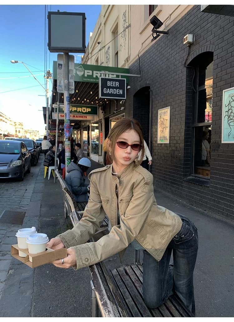 아메리칸 게이머 레트로 워싱 스탠드 칼라 긍정적 인 어깨 짧은 외투 여성 짧은 캐주얼 재킷 맨위 가을 상세 이미지 11