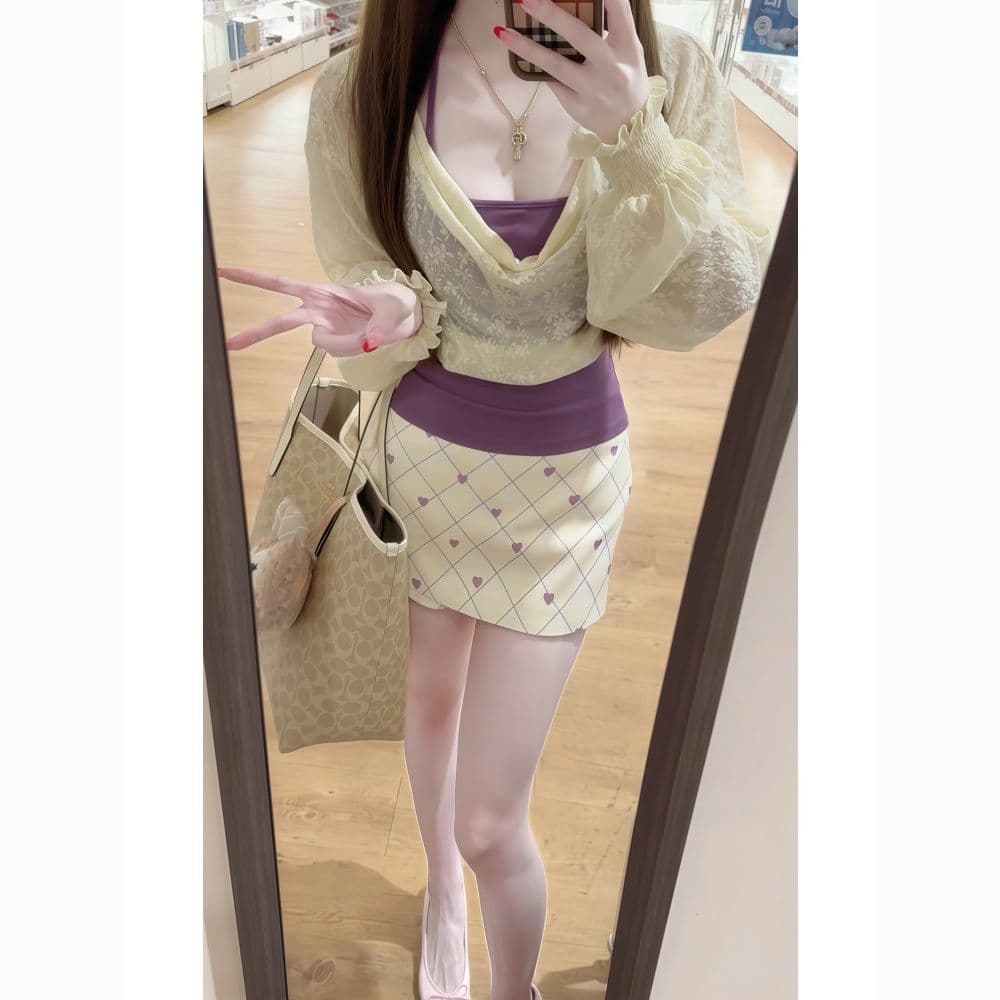 한 부서 부드러운 바람 순수한 욕망 세트 새로운 다용도 레이스 블라우스 몸매 가꾸기 행침 목 인사이드 가져 가라. 반신 스커트 세 조각 여성 세트 이미지 2