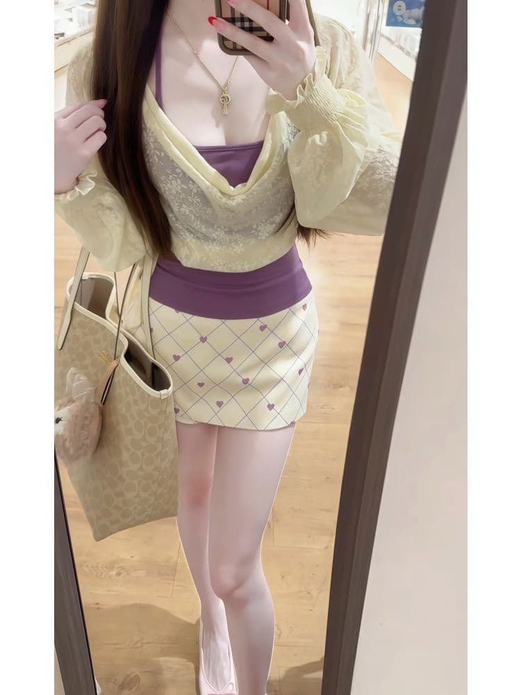 한 부서 부드러운 바람 순수한 욕망 세트 새로운 다용도 레이스 블라우스 몸매 가꾸기 행침 목 인사이드 가져 가라. 반신 스커트 세 조각 여성 세트 이미지 3
