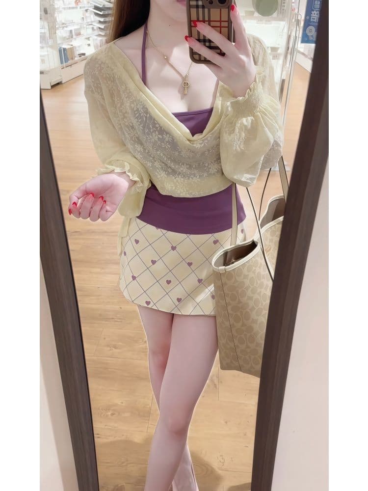 한 부서 부드러운 바람 순수한 욕망 세트 새로운 다용도 레이스 블라우스 몸매 가꾸기 행침 목 인사이드 가져 가라. 반신 스커트 세 조각 여성 세트 이미지 4