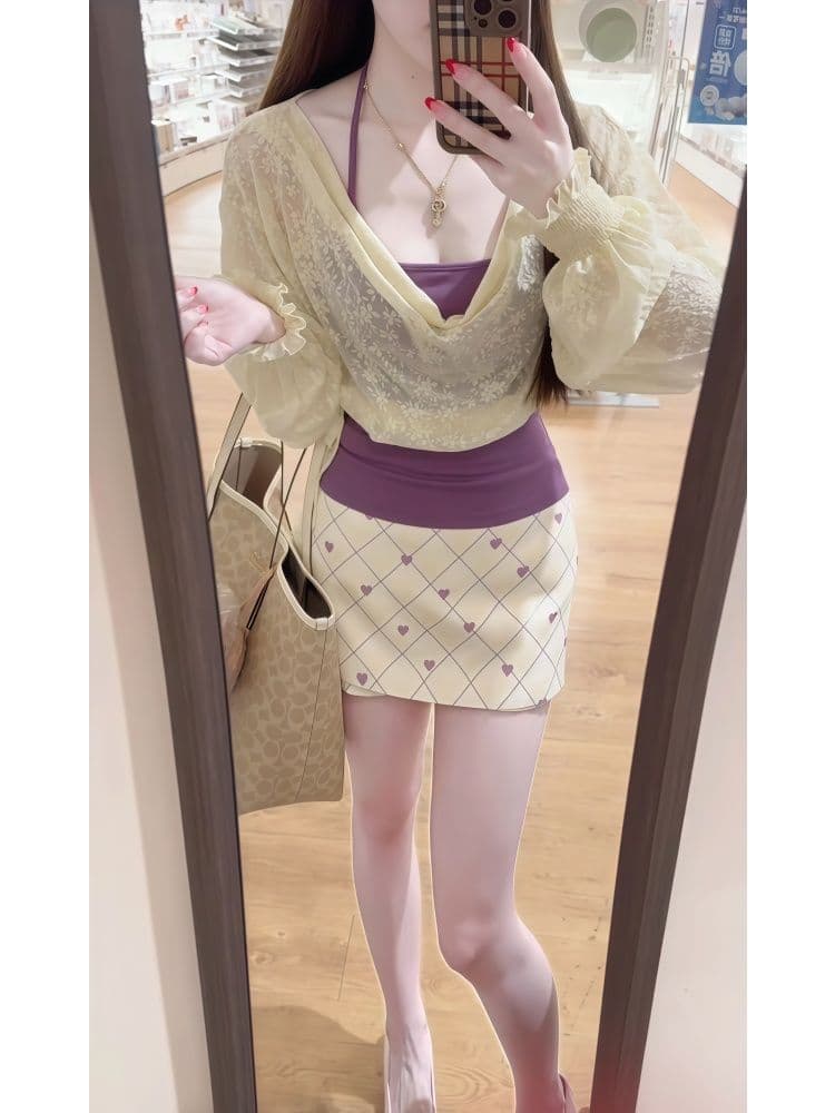 한 부서 부드러운 바람 순수한 욕망 세트 새로운 다용도 레이스 블라우스 몸매 가꾸기 행침 목 인사이드 가져 가라. 반신 스커트 세 조각 여성 세트 이미지 5