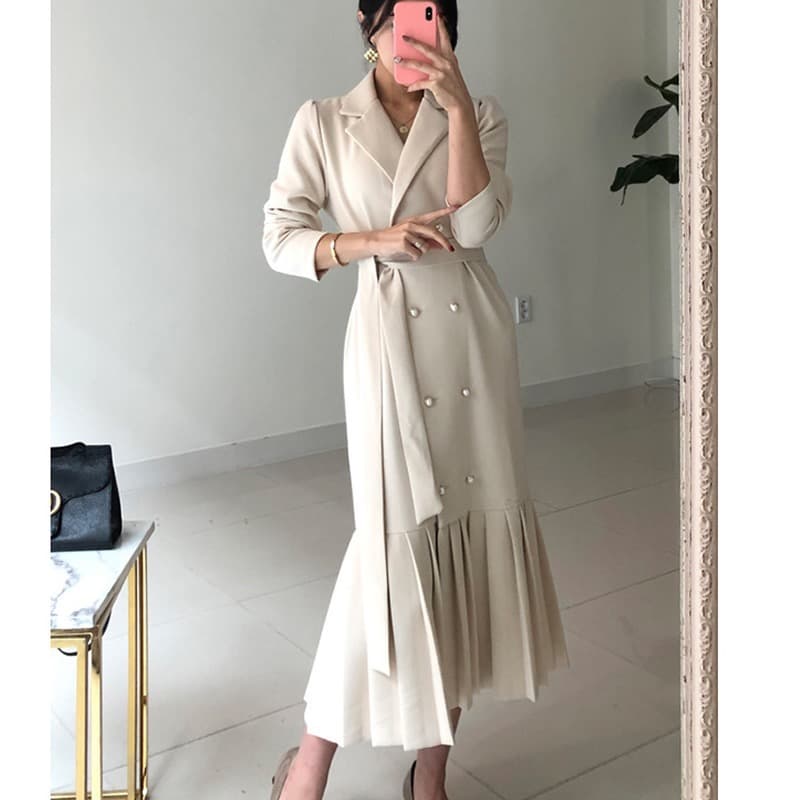 재고 있음 레트로 영국식 바람 정장 칼라 이중 버튼 루즈핏 주머니 무릎 아래 롱 코트 드레스 벨트 포함 상세 이미지 8