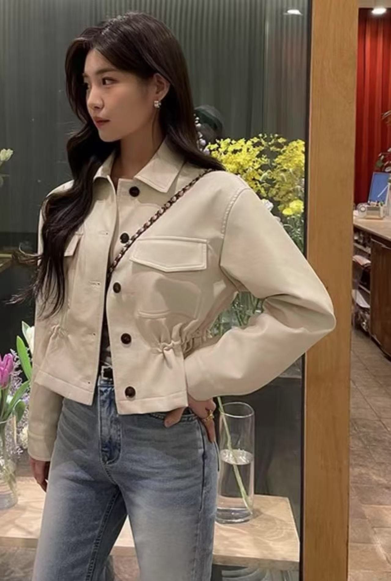 지금 한국 스타일 새로운 폴로 칼라 미니멀리즘 허리 펌프 로프 슬림해 보이는 pu 가죽 재킷 품격 여성 상세 이미지 1