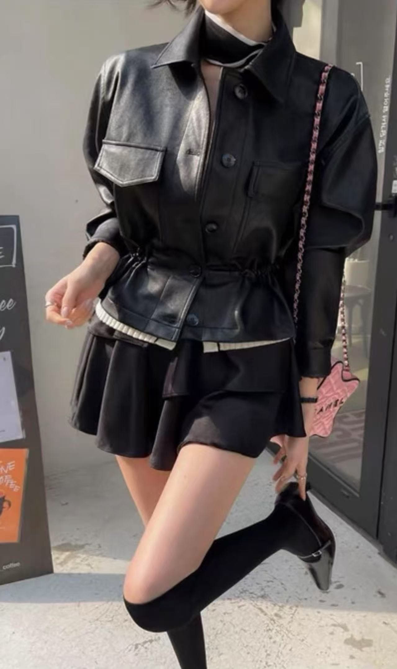 지금 한국 스타일 새로운 폴로 칼라 미니멀리즘 허리 펌프 로프 슬림해 보이는 pu 가죽 재킷 품격 여성 상세 이미지 3